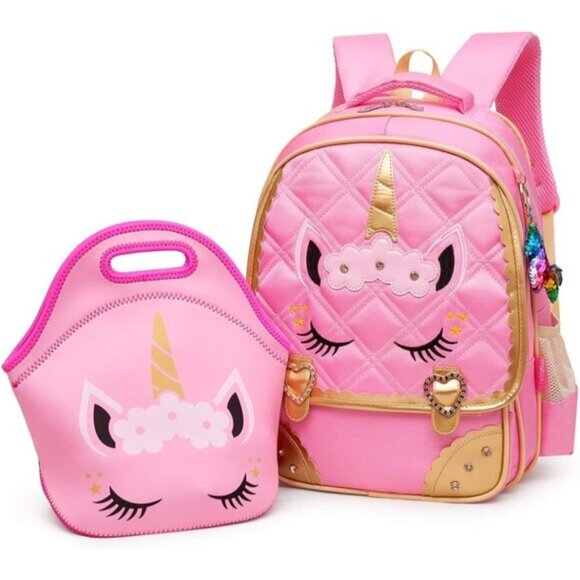 New Cute Unicorn Diamond Sequins Waterproof Princess School Backpack Set - Pink - Picture 1 of 7